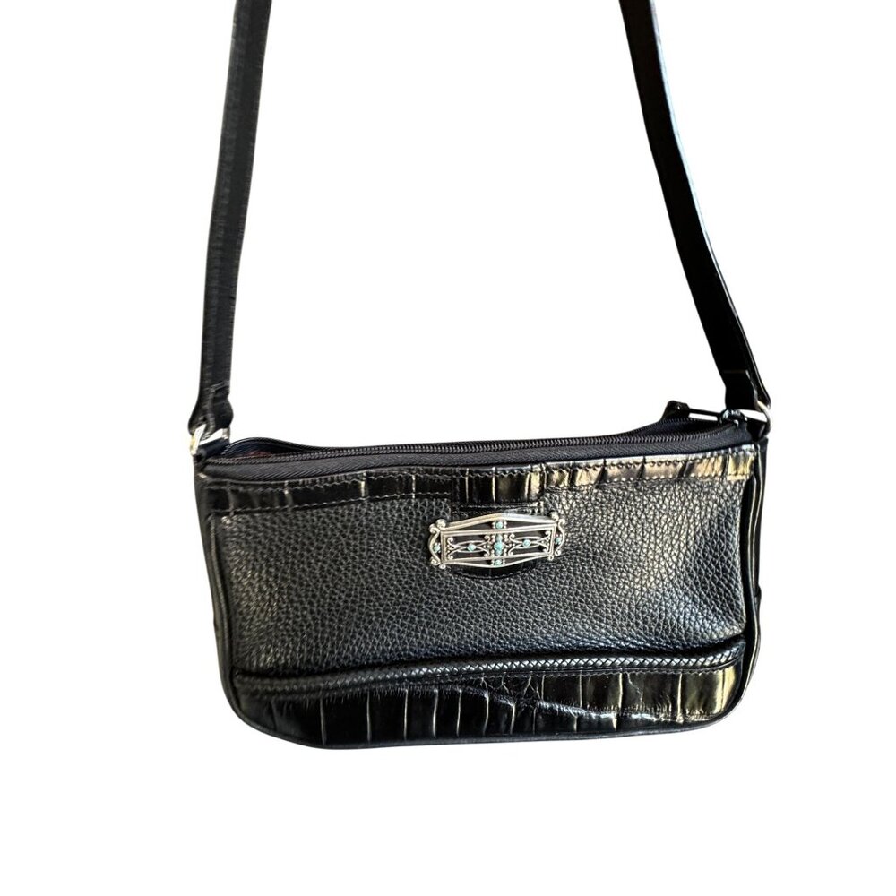 Brighton Black Leather Shoulder Bag 9" x 5" Turquoise Accent Medallion Croc Trim - Picture 2 of 8